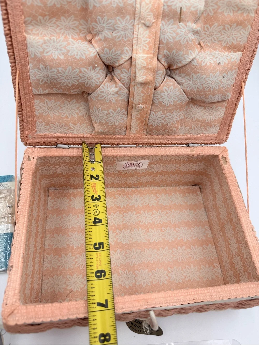 Vintage Dritz Pink Floral Woven Wicker Sewing Basket Pin Cushion W/ Supplies